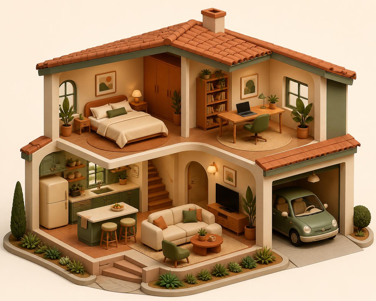 Isometric cutaway of a home where each room represents a budget category: kitchen, living room, home office, bedroom and garage